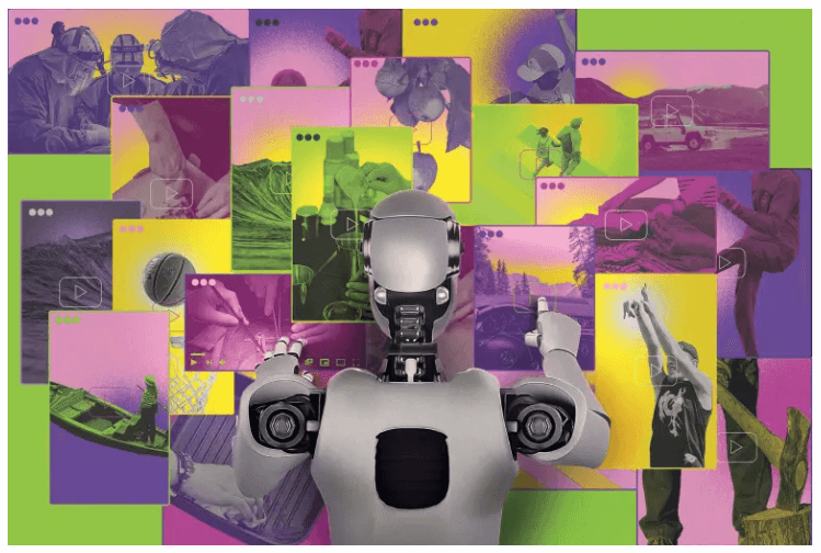 A robot in front of a collage of virtual environments